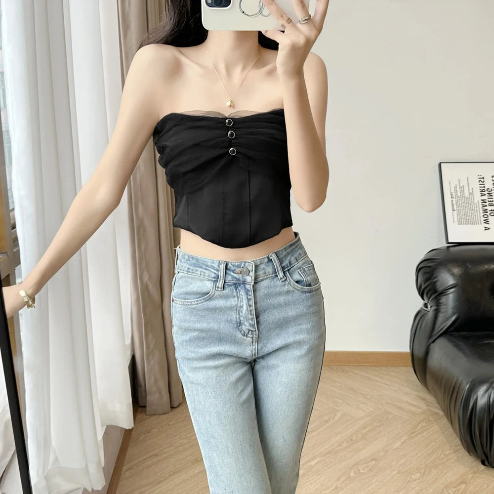 Strapless Mesh Button Camisole Top