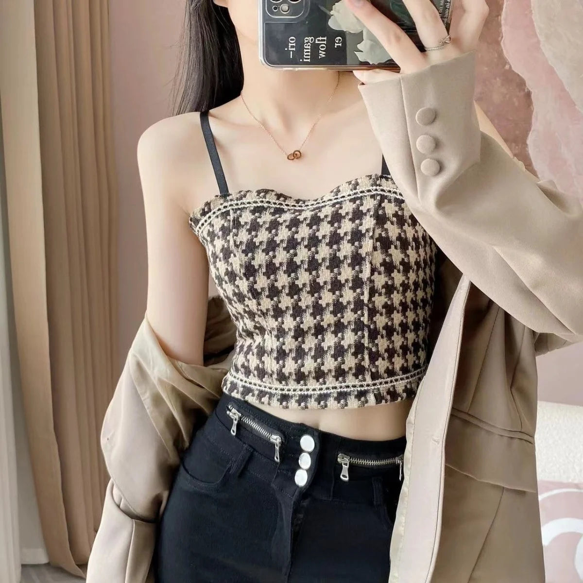 Houndstooth Lace Trim Halter Camisole Top