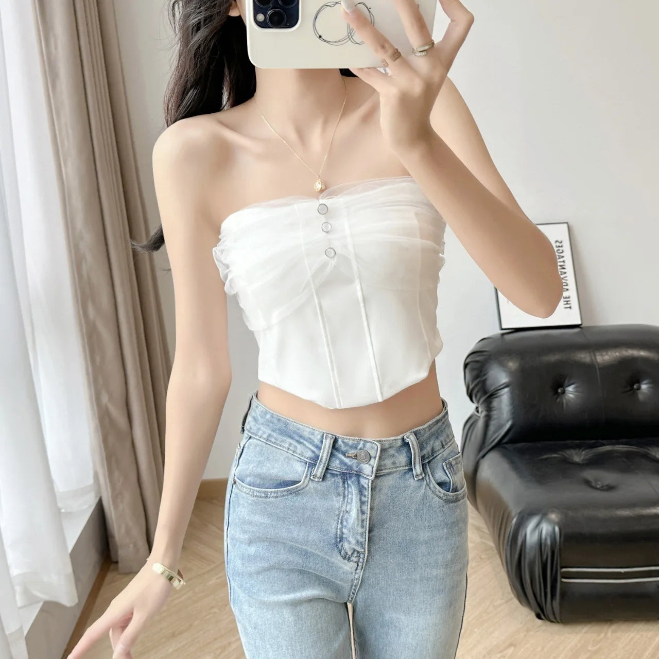 Strapless Mesh Button Camisole Top