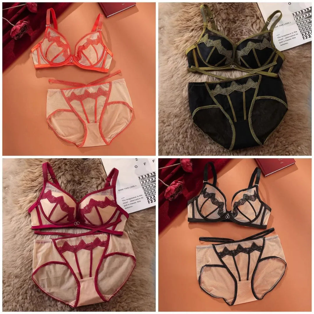 Paded Push-up Bra Set Embroidered Lace