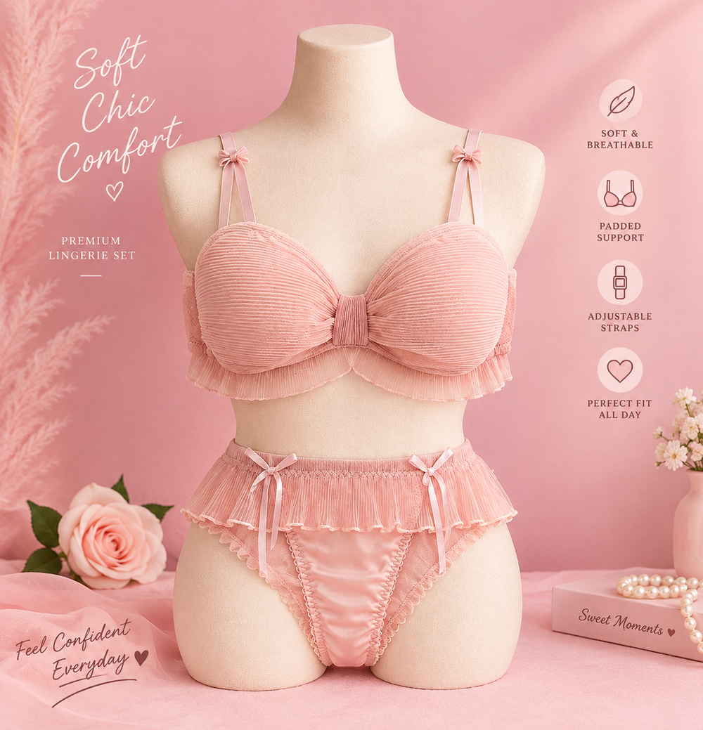 Cute Stylish Bow Style Padded Soft Bra Set