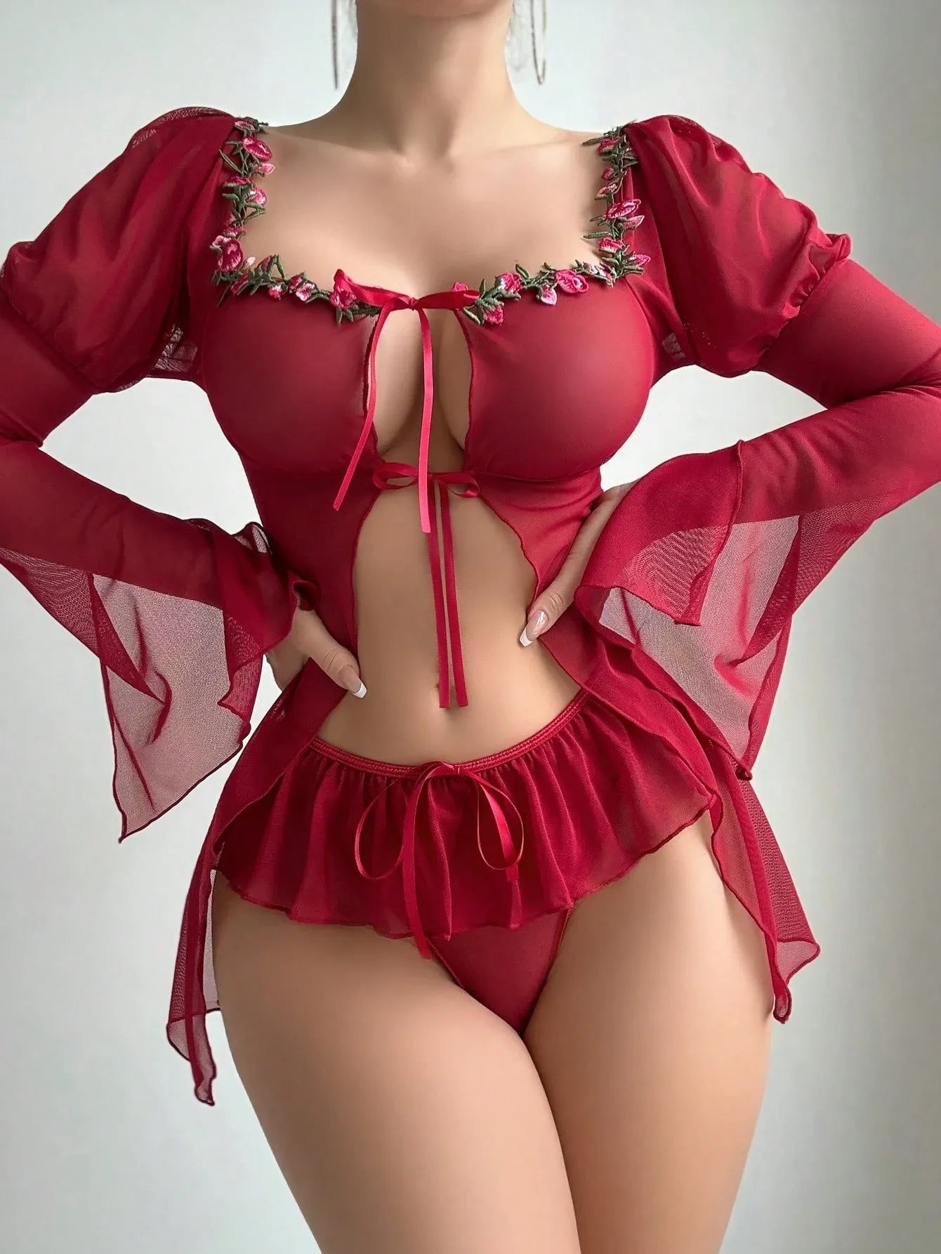 2pcs Set Romantic Ruffle Front Tie Long Sleeve Nighty