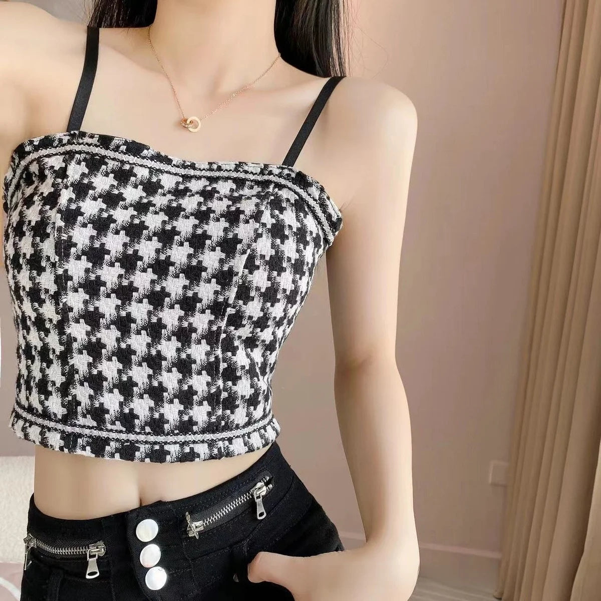 Houndstooth Lace Trim Halter Camisole Top
