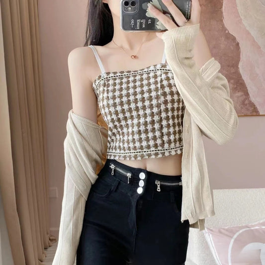 Houndstooth Lace Trim Halter Camisole Top