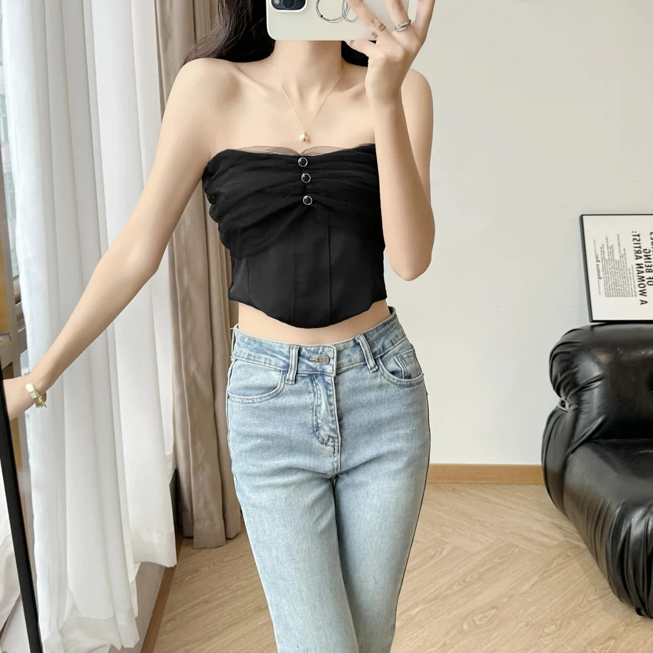 Strapless Mesh Button Camisole Top