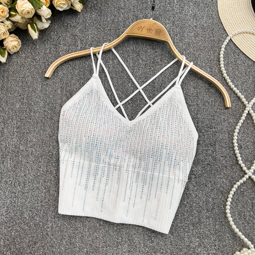 Rhinestone Strappy Camisole Top – Sparkle Crop Cami