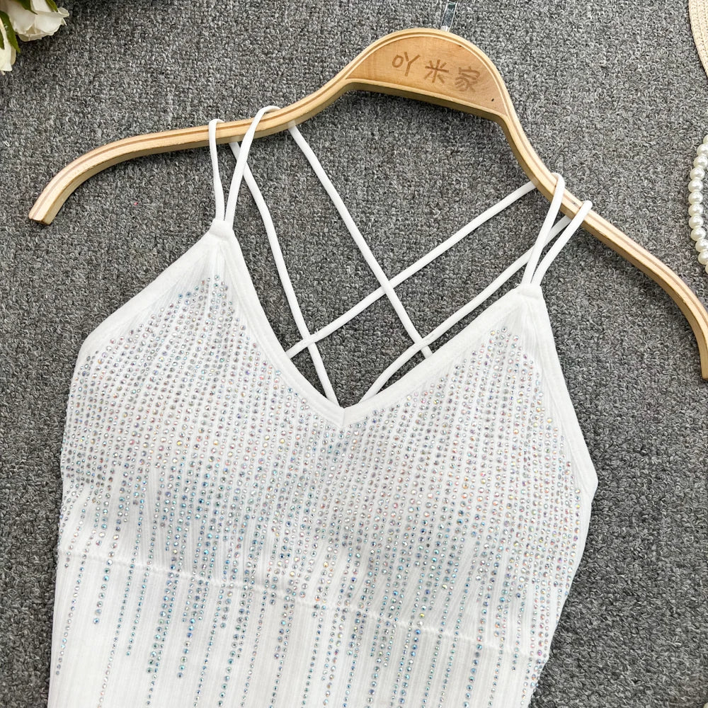 Rhinestone Strappy Camisole Top – Sparkle Crop Cami