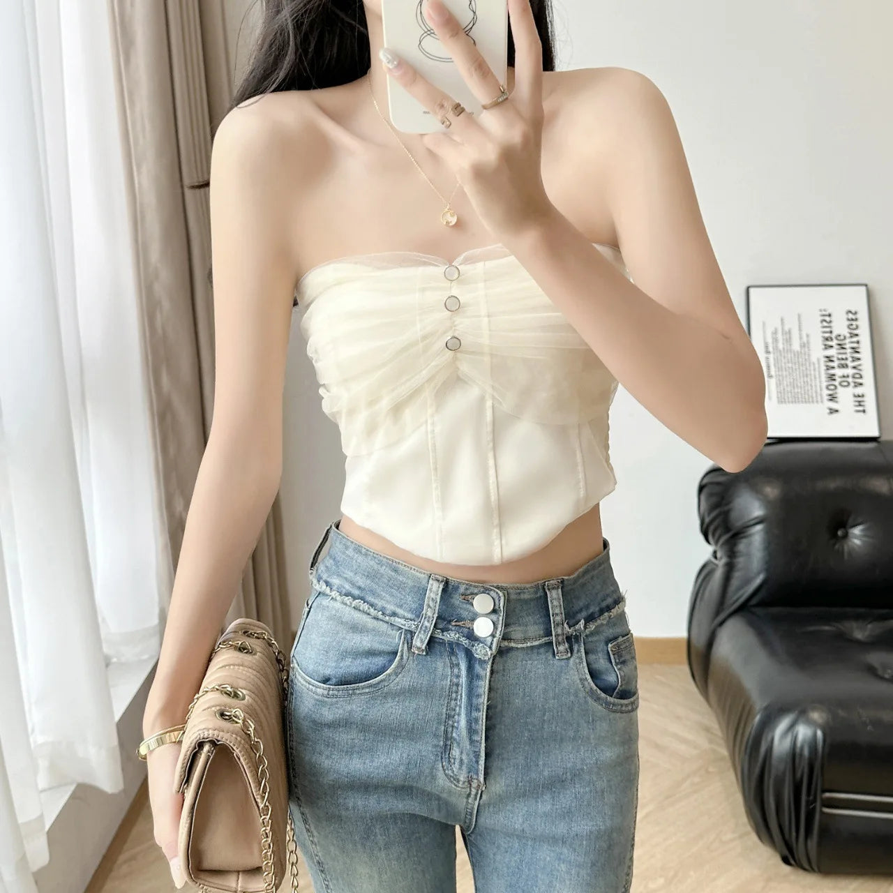 Strapless Mesh Button Camisole Top