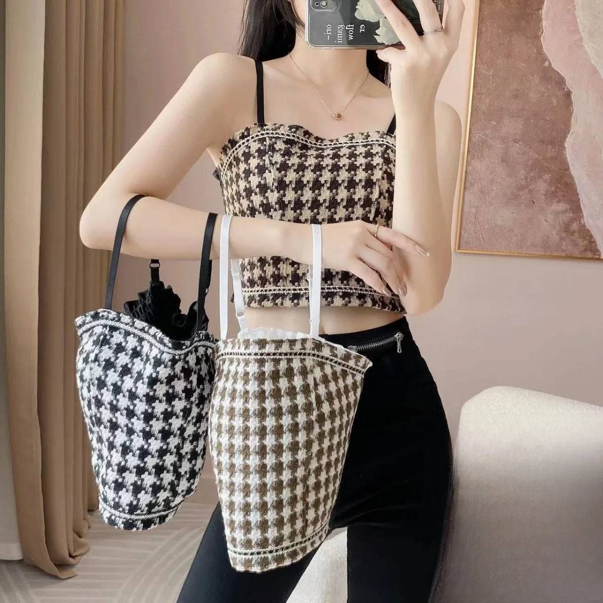 Houndstooth Lace Trim Halter Camisole Top