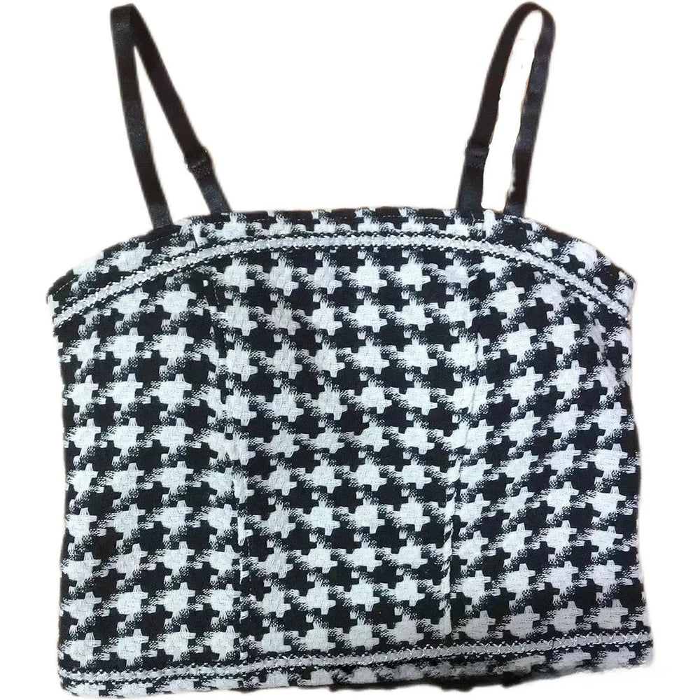 Houndstooth Lace Trim Halter Camisole Top