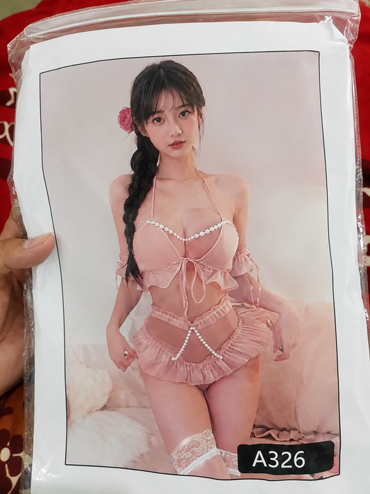 Pink Pearl Ruffle Nighty Costume Set For Women