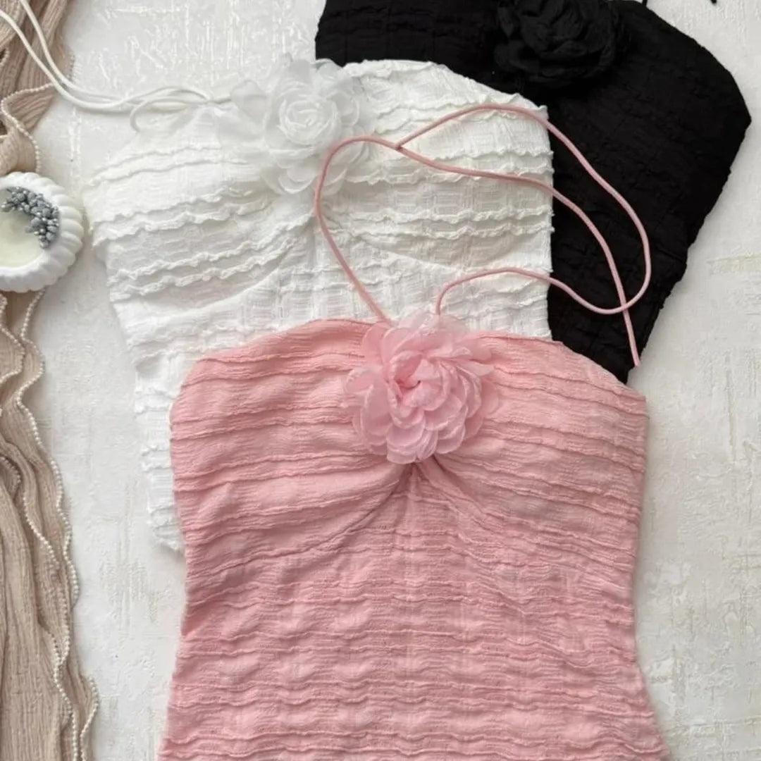 Sweet Flower Ruffle Neck Camisole Top