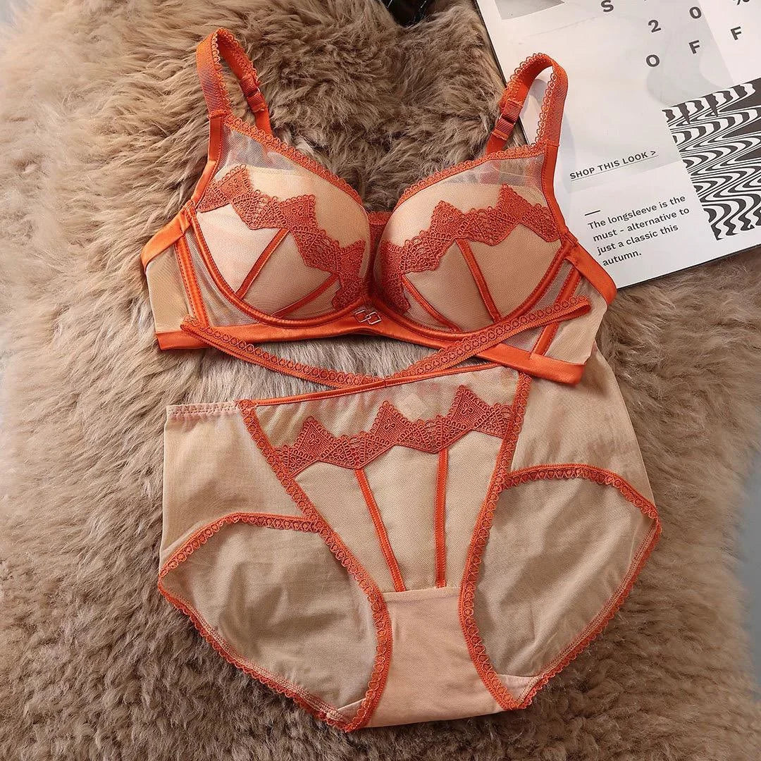 Paded Push-up Bra Set Embroidered Lace