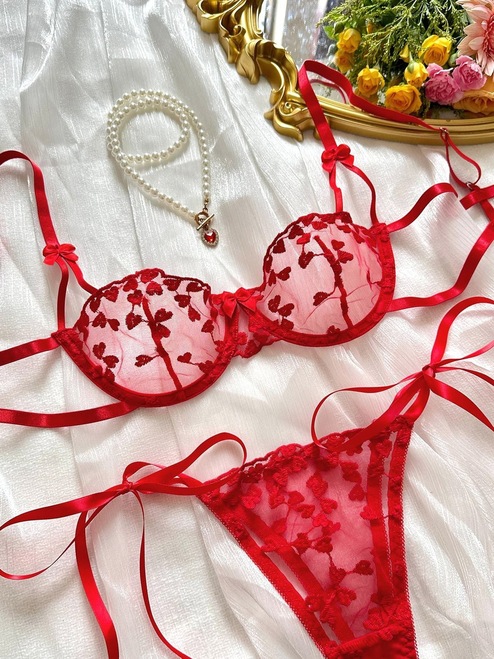 Romantic Heart Lace Ribbon Tie Set