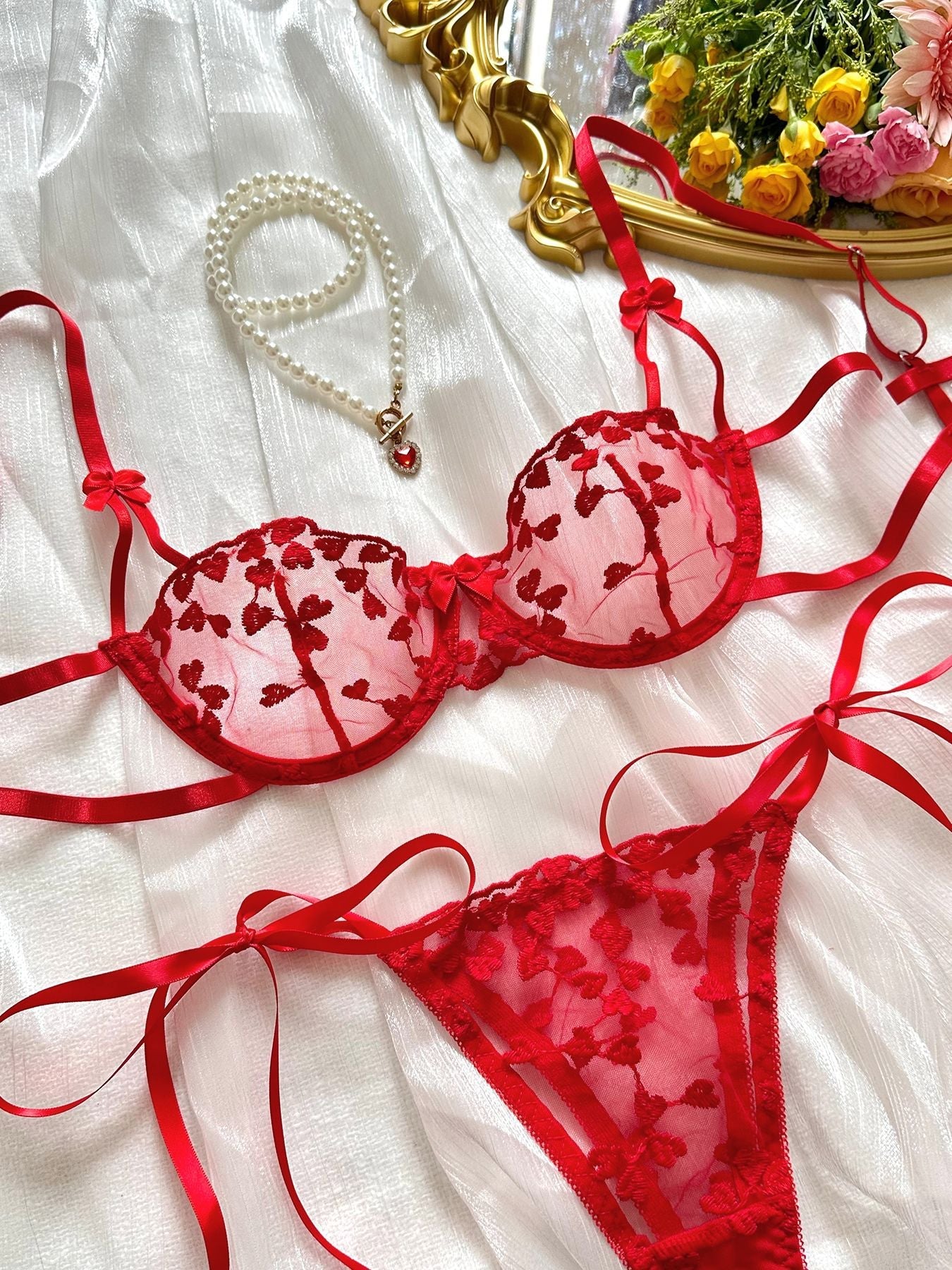 Romantic Heart Lace Ribbon Tie Set