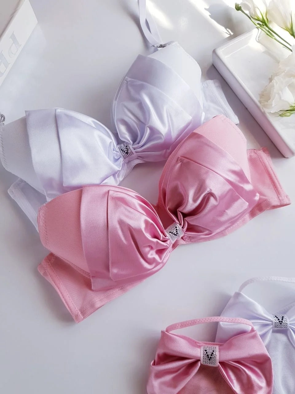 Soft Silk Bow Pushup Padded Bra Set