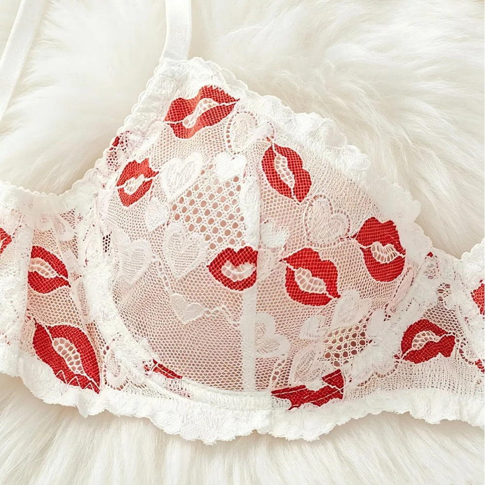 Love Notes Lip-Print Lace Bra Set