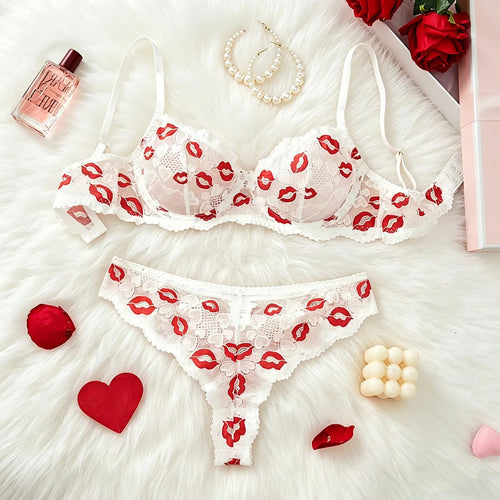 Love Notes Lip-Print Lace Bra Set